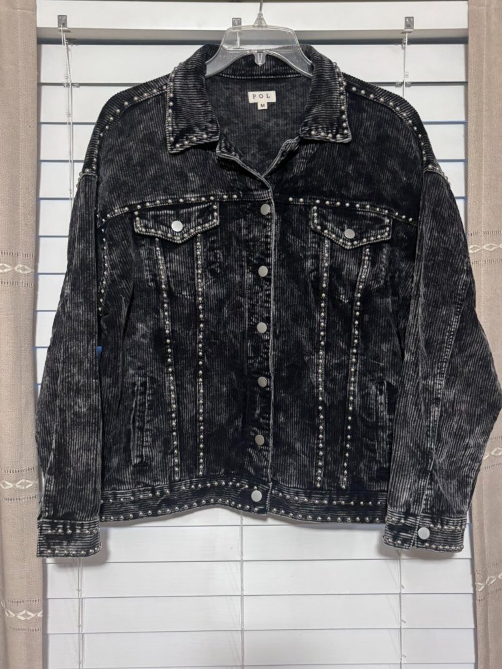 POL Studded Mineral Wash Corduroy Trucker Jacket Charcoal Black Size M